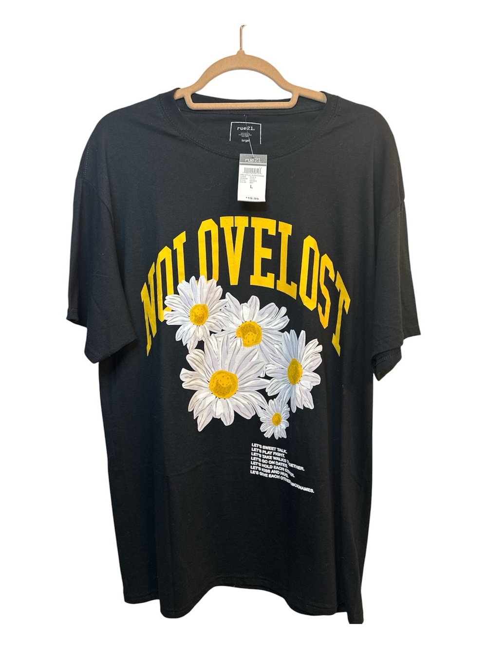 rue21 Black Graphic Tee with Yellow Lettering and White Daisies